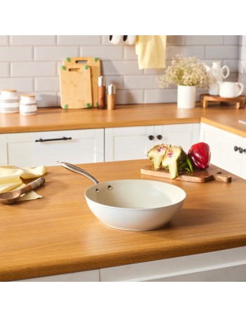 Karaca Swiss Crystal Almond Cream Non-Stick Induction Handle Wok, 28cm, Cream
