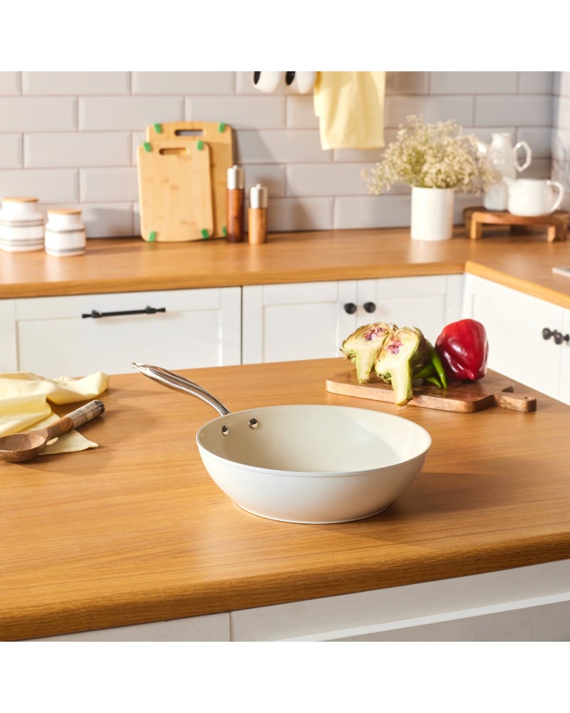 Karaca Swiss Crystal Almond Cream Non-Stick Induction Handle Wok, 28cm, Cream