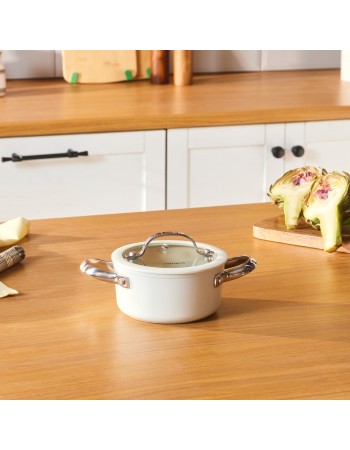 Karaca Swiss Crystal Almond Cream Non-Stick Induction Stainless Steel Handle Casserole & Lid, 14cm, Cream