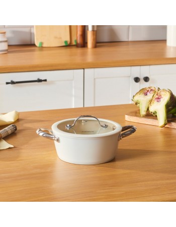 Karaca Swiss Crystal Almond Cream Non-Stick Induction Stainless Steel Handle Casserole & Lid, 18cm, Cream
