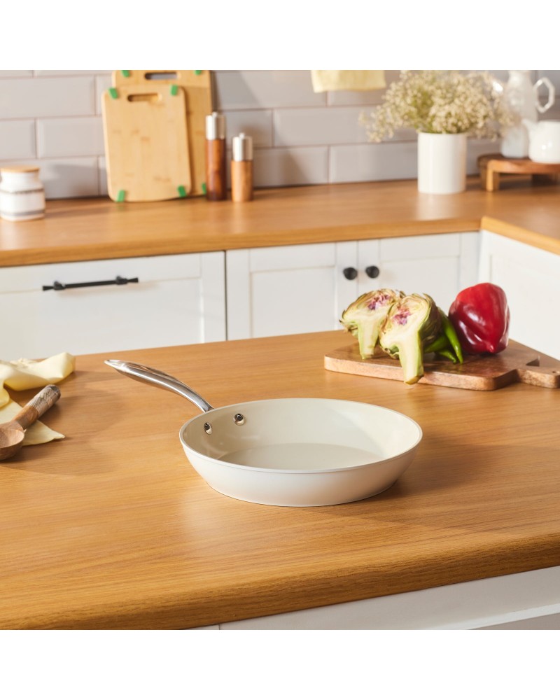 Karaca Swiss Crystal Almond Cream Non-Stick Induction Stainless Steel Handle Pan, 26cm, Cream