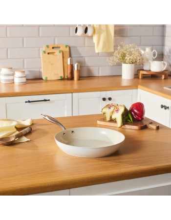 Karaca Swiss Crystal Almond Cream Non-Stick Induction Stainless Steel Handle Pan, 30cm, Cream