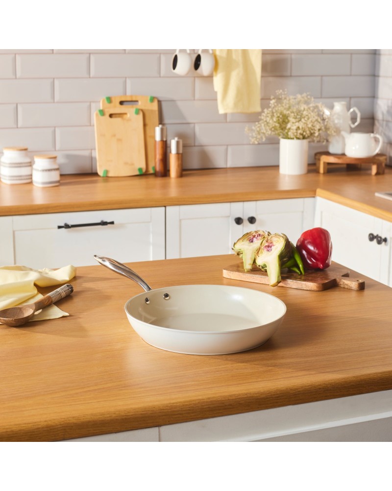 Karaca Swiss Crystal Almond Cream Non-Stick Induction Stainless Steel Handle Pan, 30cm, Cream