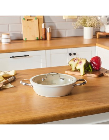 Karaca Swiss Crystal Almond Cream Non-Stick Induction Stainless Steel Handle Shallow Casserole & Lid, 26cm, Cream