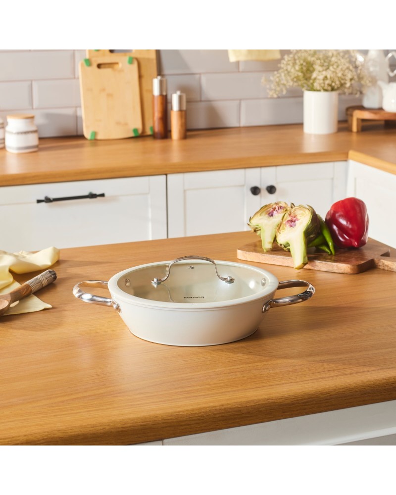 Karaca Swiss Crystal Almond Cream Non-Stick Induction Stainless Steel Handle Shallow Casserole & Lid, 26cm, Cream