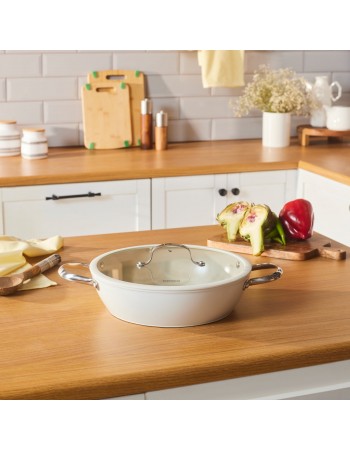 Karaca Swiss Crystal Almond Cream Non-Stick Induction Stainless Steel Handle Shallow Casserole & Lid, 30cm, Cream