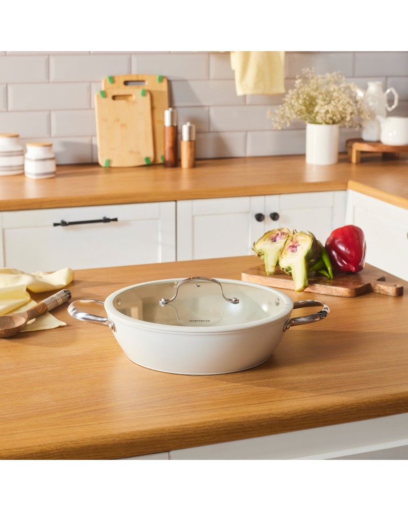 Karaca Swiss Crystal Almond Cream Non-Stick Induction Stainless Steel Handle Shallow Casserole & Lid, 30cm, Cream