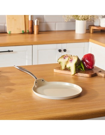 Karaca Swiss Crystal Almond Cream Non-Stick Induction Stainless Steel Handle Pancake Pan, 25cm, Cream