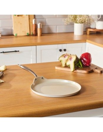 Karaca Swiss Crystal Almond Cream Non-Stick Induction Stainless Steel Handle Pancake Pan, 28cm, Cream