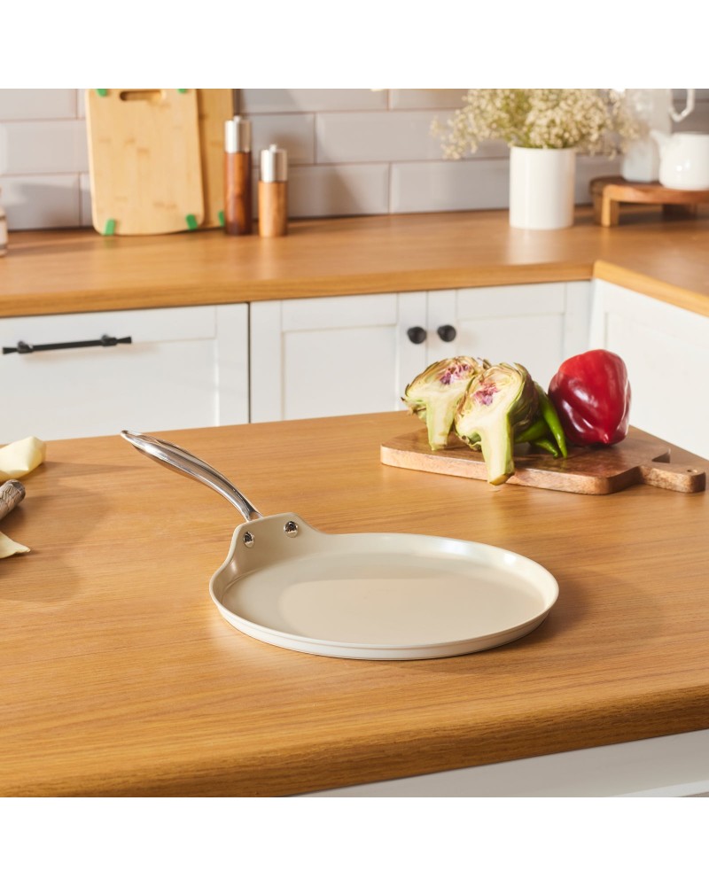 Karaca Swiss Crystal Almond Cream Non-Stick Induction Stainless Steel Handle Pancake Pan, 28cm, Cream