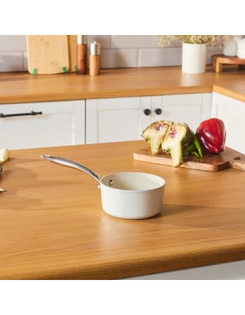Karaca Swiss Crystal Almond Cream Non-Stick Induction Stainless Steel Handle Sauce Pan, 14cm, Cream