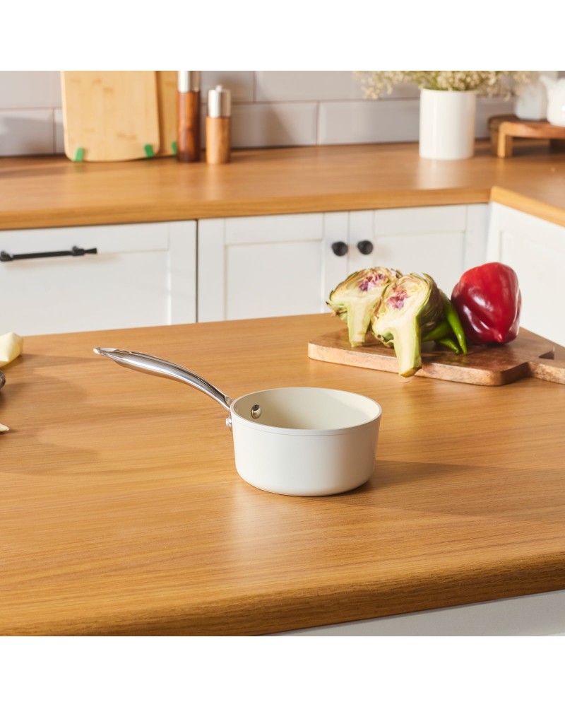 Karaca Swiss Crystal Almond Cream Non-Stick Induction Stainless Steel Handle Sauce Pan, 14cm, Cream