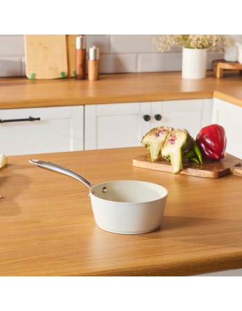 Karaca Swiss Crystal Almond Cream Non-Stick Induction Stainless Steel Handle Sauce Pan, 16cm, Cream