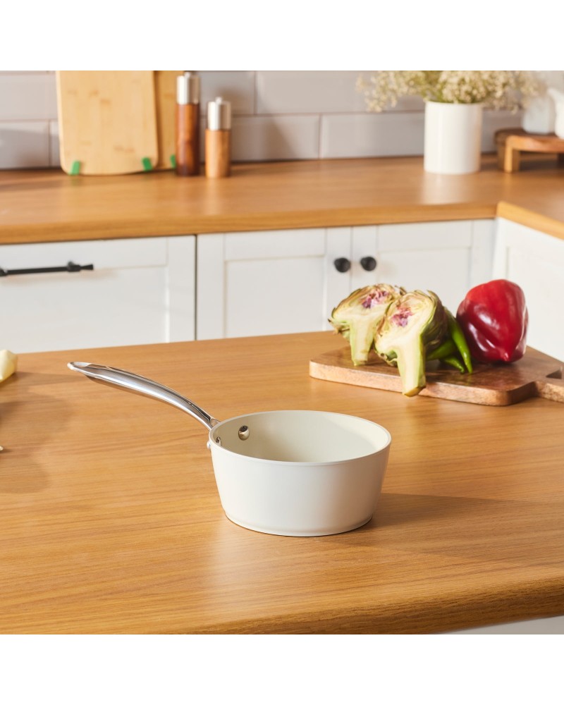 Karaca Swiss Crystal Almond Cream Non-Stick Induction Stainless Steel Handle Sauce Pan, 16cm, Cream