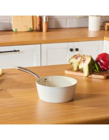 Karaca Swiss Crystal Almond Cream Non-Stick Induction Stainless Steel Handle Sauce Pan, 18cm, Cream