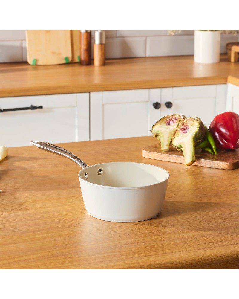 Karaca Swiss Crystal Almond Cream Non-Stick Induction Stainless Steel Handle Sauce Pan, 18cm, Cream