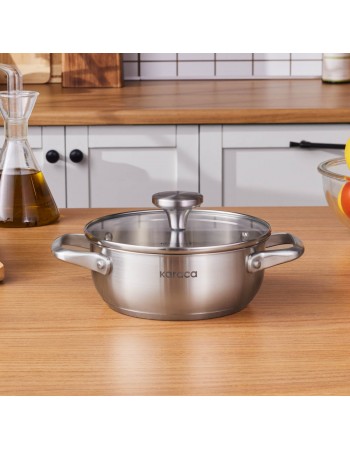 Karaca Elite Stainless Steel Induction Shallow Casserole & Lid, 18cm, Silver