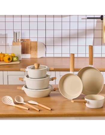 Karaca Swiss Crystal Almond Cream 12-Piece Non-Stick Induction Ceramic Cookware Set, Cream