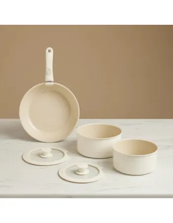 Karaca Ceramica Comfort 6-Piece Non-Stick Induction Detachable Cookware Set, Cream