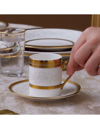 Karaca Royal Bone China Charlotte 12-Piece Espresso Turkish Coffee Cup for 6 People, 90ml, Gold