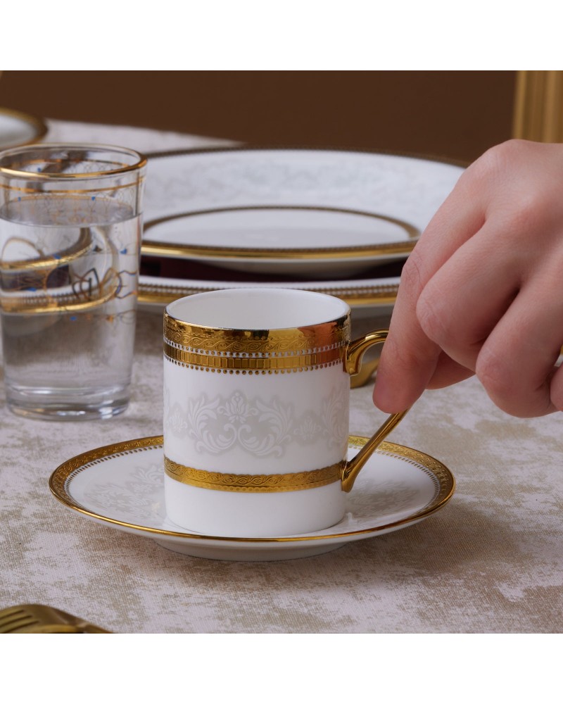 Karaca Royal Bone China Charlotte 12-Piece Espresso Turkish Coffee Cup for 6 People, 90ml, Gold