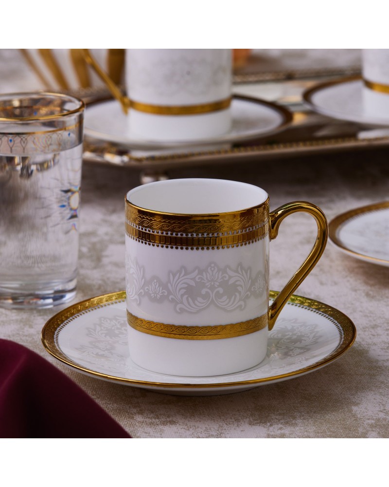 Karaca Royal Bone China Charlotte 12-Piece Espresso Turkish Coffee Cup for 6 People, 90ml, Gold