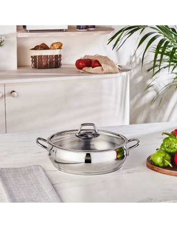 Karaca Emirgan Stainless Steel Shallow Casserole with Lid, 26cm, Silver