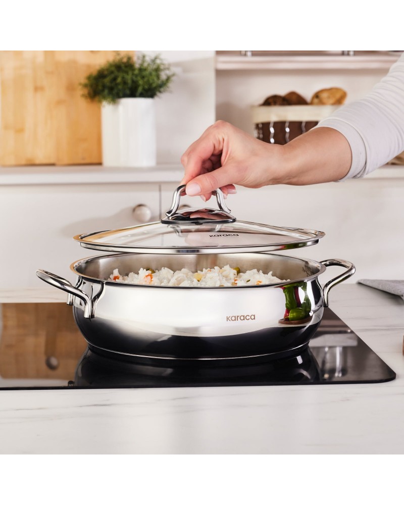 Karaca Emirgan Stainless Steel Shallow Casserole with Lid, 26cm, Silver