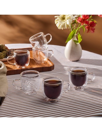 Karaca Olivier 6-Piece Double Wall Glass Espresso Turkish Coffee Cup Set for 6 People, 80ml, Clear