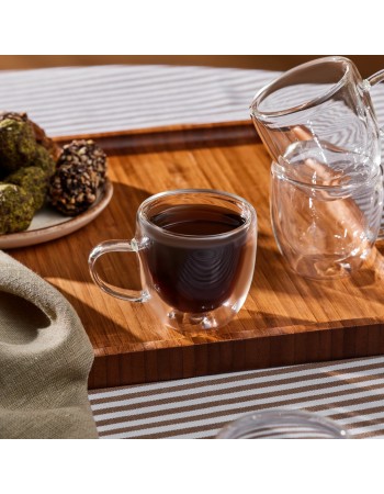 Karaca Olivier 6-Piece Double Wall Glass Espresso Turkish Coffee Cup Set for 6 People, 80ml, Clear
