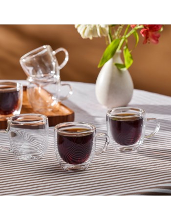Karaca Olivier 6-Piece Double Wall Glass Espresso Turkish Coffee Cup Set for 6 People, 80ml, Clear