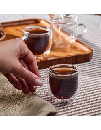 Karaca Olivier 6-Piece Double Wall Glass Espresso Turkish Coffee Cup Set for 6 People, 80ml, Clear
