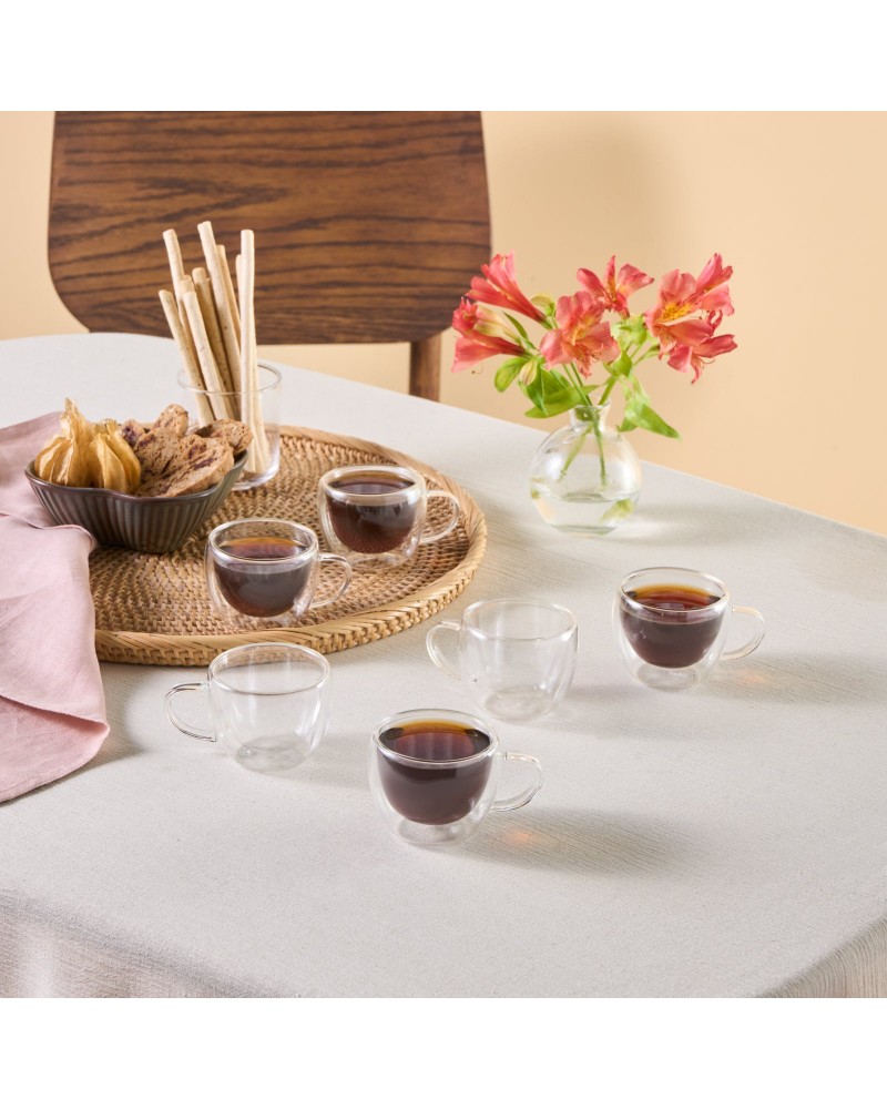 Karaca Olivia 6-Piece Double Wall Glass Espresso Turkish Coffee Cup Set for 6 People, 80ml, Clear