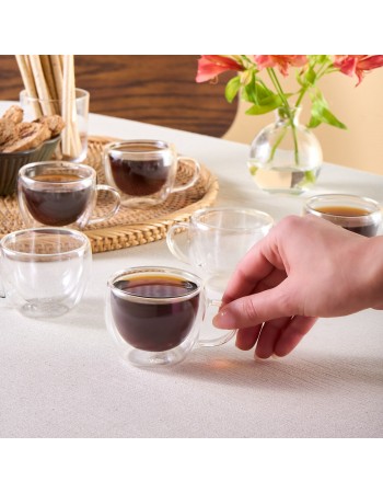 Karaca Olivia 6-Piece Double Wall Glass Espresso Turkish Coffee Cup Set for 6 People, 80ml, Clear