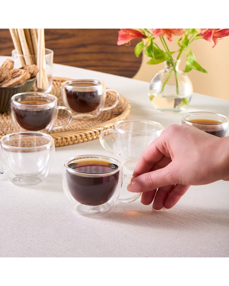 Karaca Olivia 6-Piece Double Wall Glass Espresso Turkish Coffee Cup Set for 6 People, 80ml, Clear