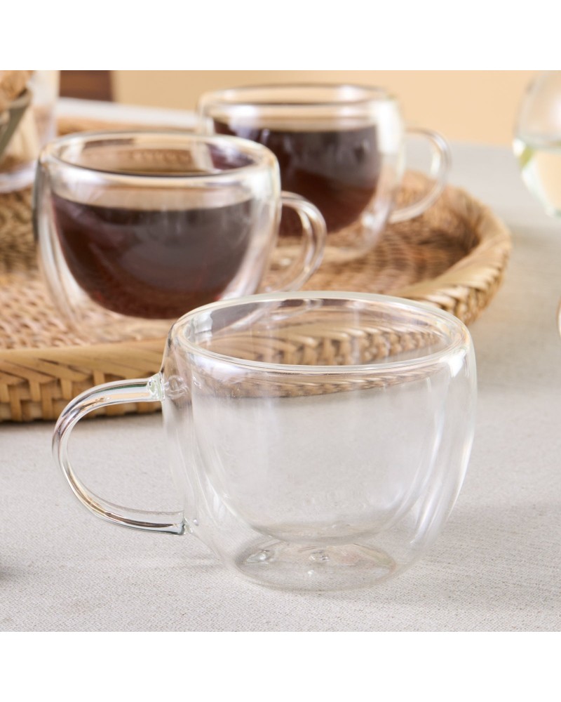 Karaca Olivia 6-Piece Double Wall Glass Espresso Turkish Coffee Cup Set for 6 People, 80ml, Clear
