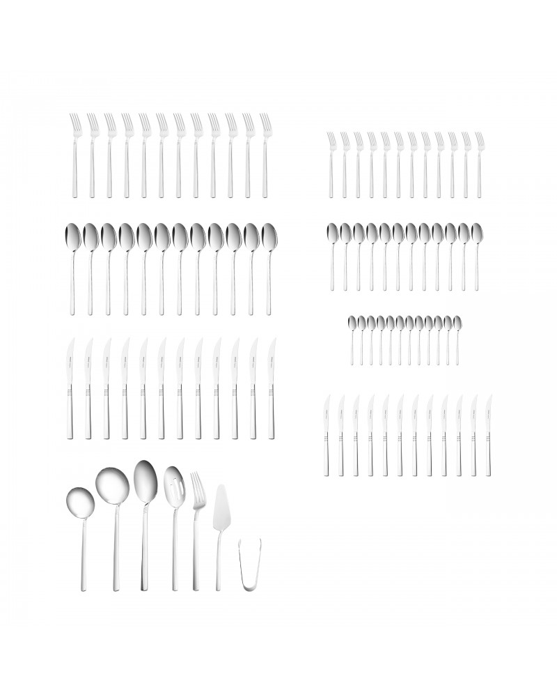 Karaca Nil 91-Piece Stainless Steel Cutlery Set for 12 People, with Serving Set, Silver