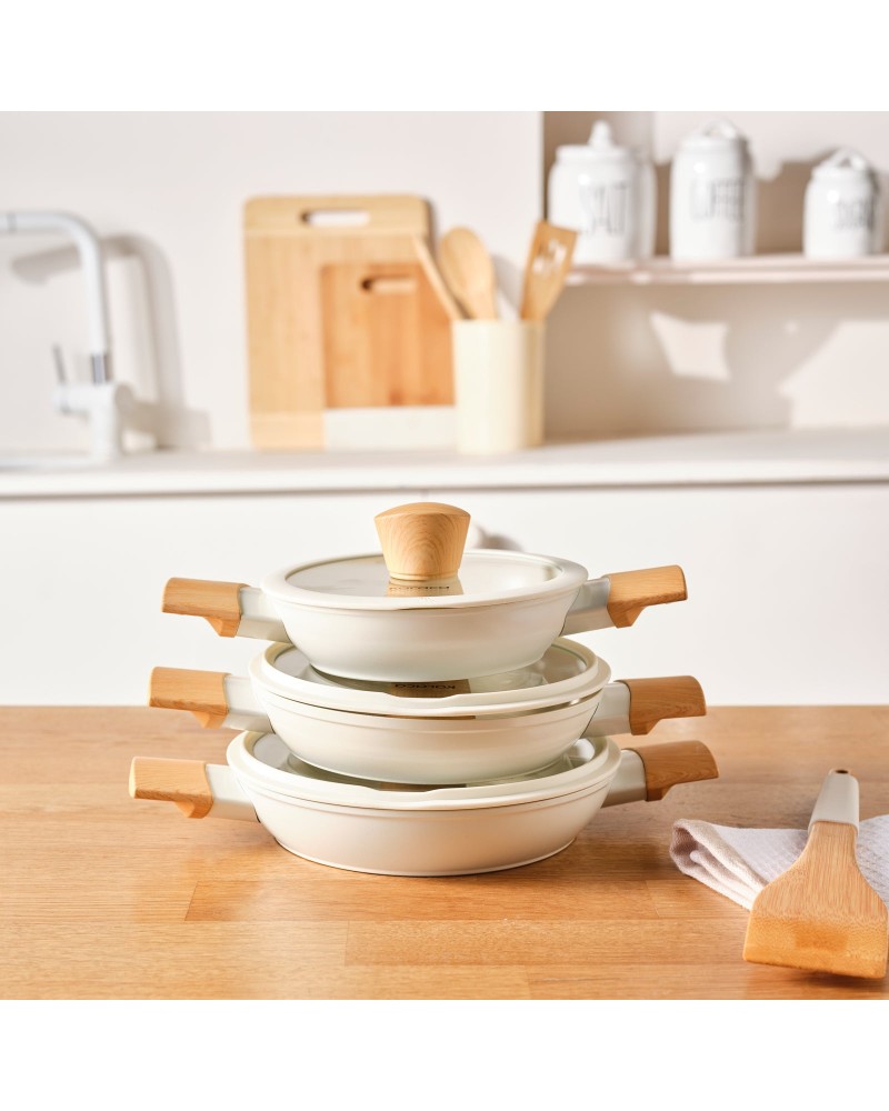Karaca Swiss Crystal Almond 6-Piece Non-Stick Induction Shallow Casserole Set, Cream