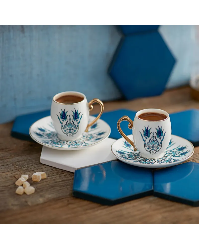 Karaca İznik 4-Piece Porcelain Espresso Turkish Coffee Cup Set for 2 People, 80ml, White Blue Karaca İznik 4-Piece Porcelain Espresso Turkish Coffee Cup Set for 2 People, 80ml, White Blue