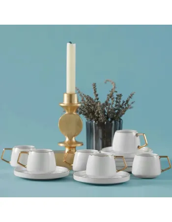 Karaca Streamline Saturn 12-Piece Porcelain Espresso Turkish Coffee Cup Set for 6 People, 100ml, White Gold