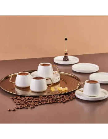 Karaca Streamline Saturn 12-Piece Porcelain Espresso Turkish Coffee Cup Set for 6 People, 100ml, White Gold