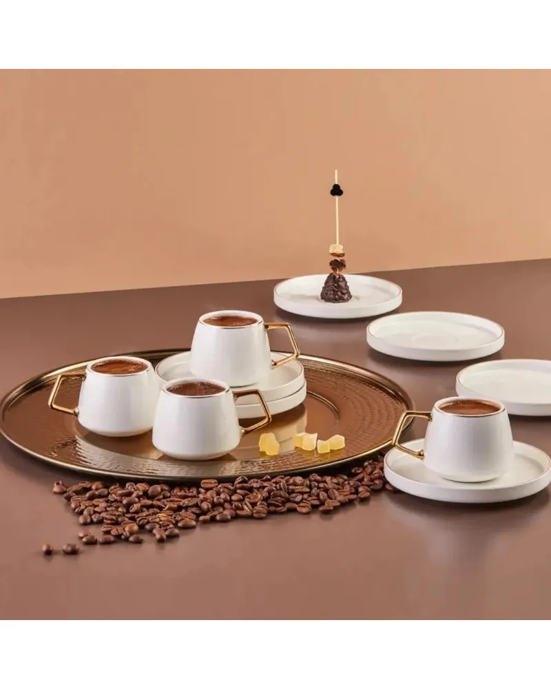 Karaca Streamline Saturn 12-Piece Porcelain Espresso Turkish Coffee Cup Set for 6 People, 100ml, White Gold