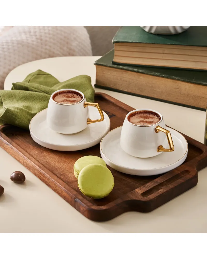 Karaca Streamline Saturn 12-Piece Porcelain Espresso Turkish Coffee Cup Set for 6 People, 100ml, White Gold