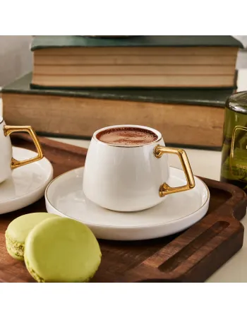 Karaca Streamline Saturn 12-Piece Porcelain Espresso Turkish Coffee Cup Set for 6 People, 100ml, White Gold