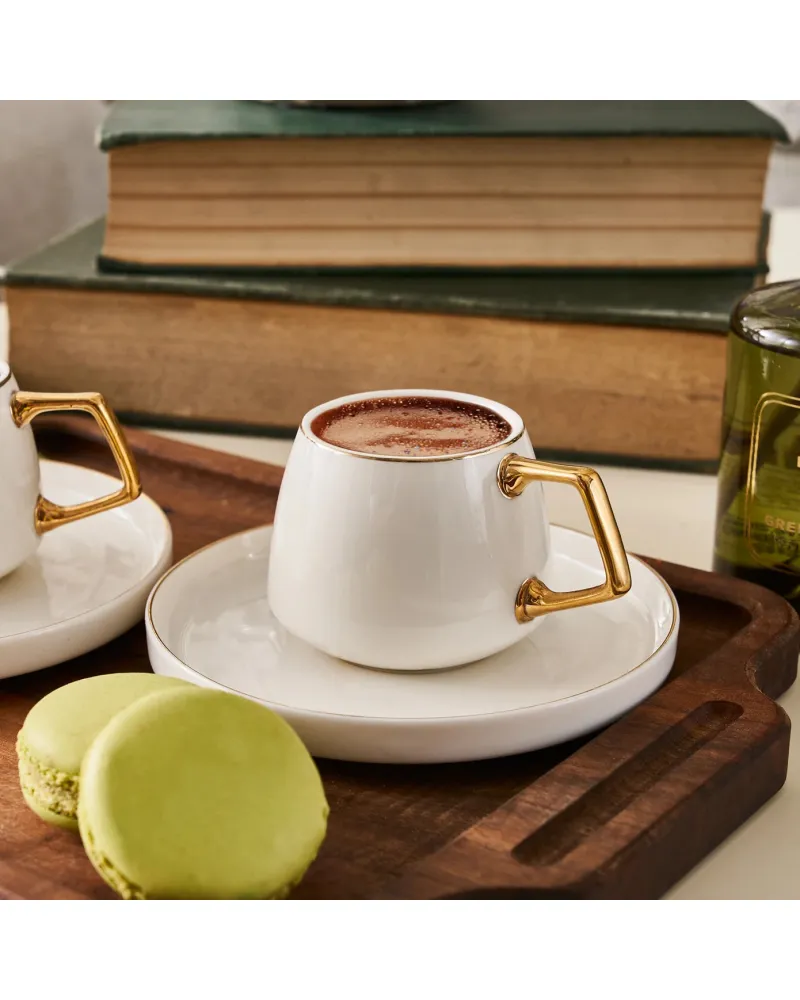 Karaca Streamline Saturn 12-Piece Porcelain Espresso Turkish Coffee Cup Set for 6 People, 100ml, White Gold
