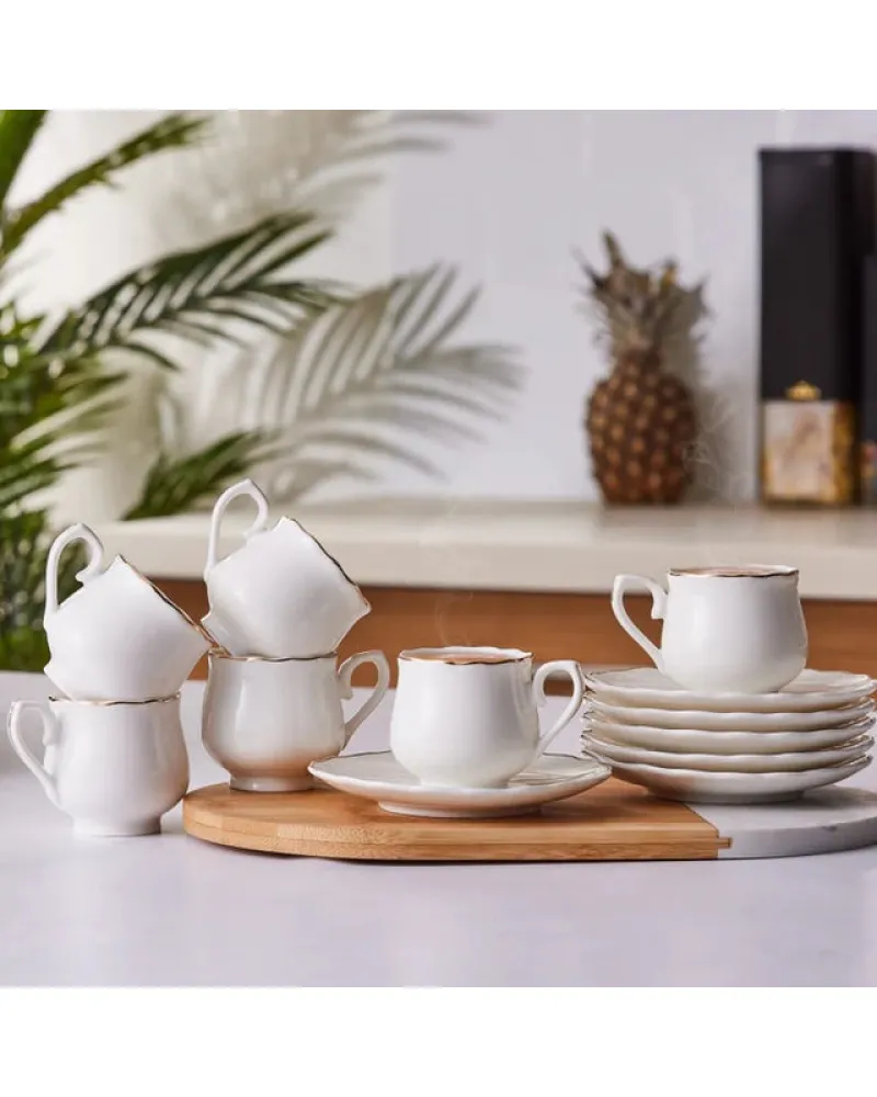 Karaca Beykoz 12-Piece Bone China Turkish Coffee Cup Set for 6 People, 80ml, White