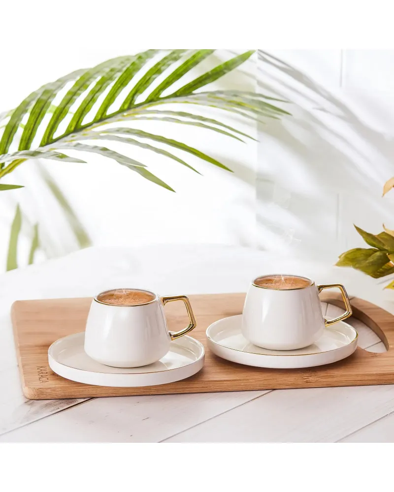 Karaca Streamline 4-Piece Porcelain Espresso Turkish Coffee Cup Set for 2 People, 100ml, White Gold