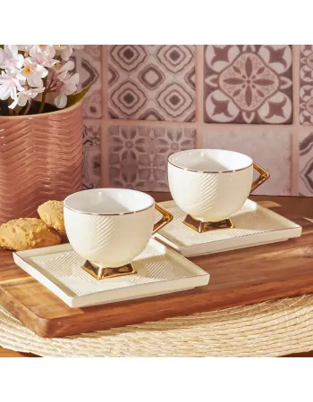 Karaca Art Deco 4 Piece Porcelain Espresso Turkish Coffee Cup Set for 2 People, 90ml, Gold White