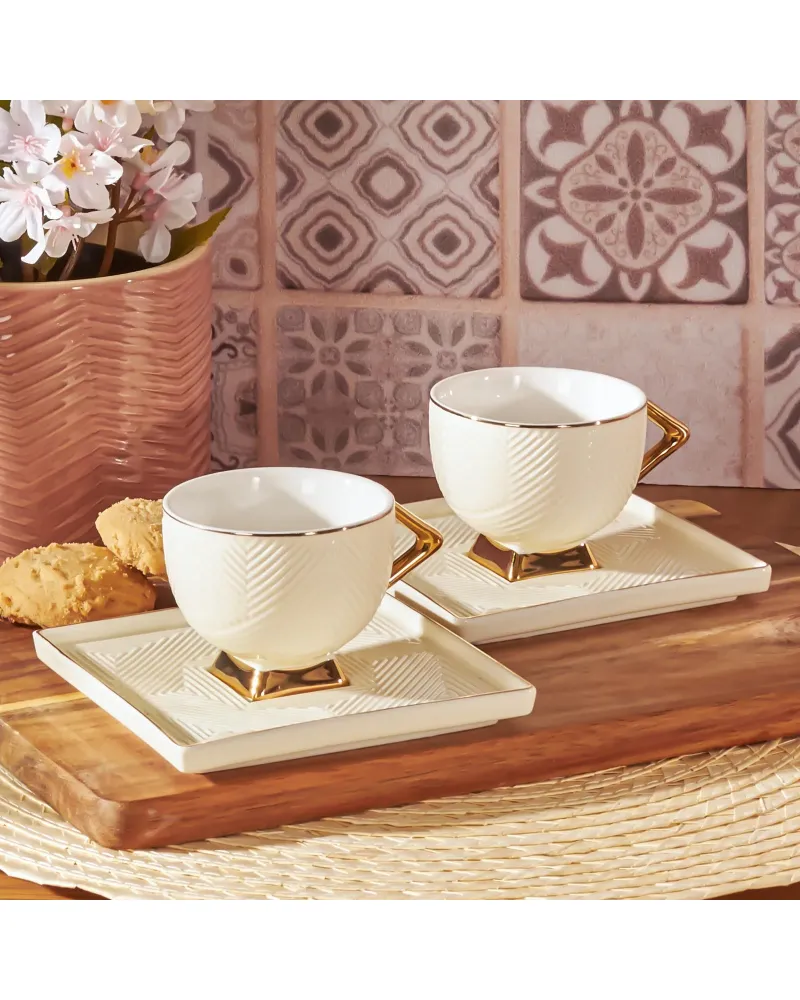 Karaca Art Deco 4 Piece Porcelain Espresso Turkish Coffee Cup Set for 2 People, 90ml, Gold White