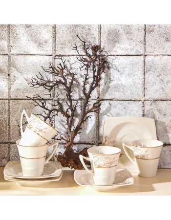 Karaca Autumn 12 Piece Porcelain Espresso Turkish Coffee Cup Set for 6 People, 85ml, Gold White
